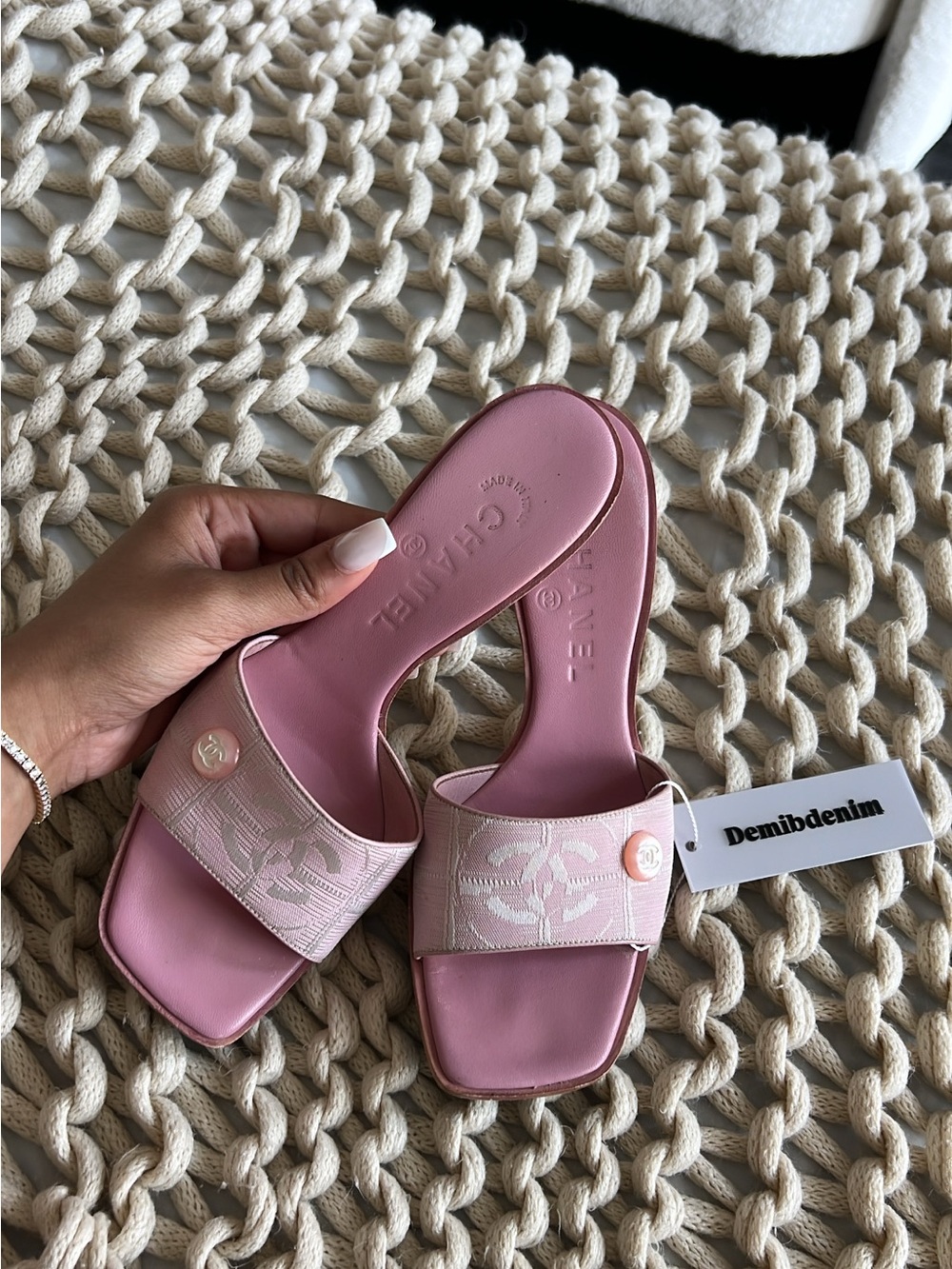 CHANEL Pink Slide Mules with CC Emblem